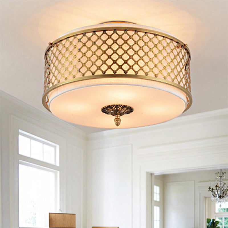Classic Drum Metal Flush Mount Lamp Brass Finish 4/5 Lights 16/19.5 Wide Living Room Ceiling