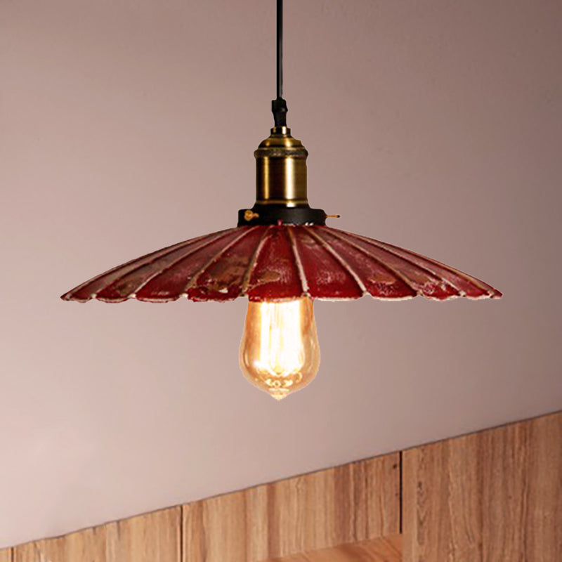 Rustic Red Scalloped Shade Pendant Lamp - Metallic Finish Coffee Shop Hanging Light Fixture