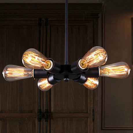 Industrial Exposed Pendant Light - Adjustable 6-Bulb Metallic Chandelier For Study Room (Black)