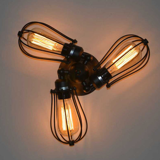 Rustic Wire Frame Ceiling Light - Vintage Bulb Shape With 3/5 Metal Lights In Black For Farmhouse