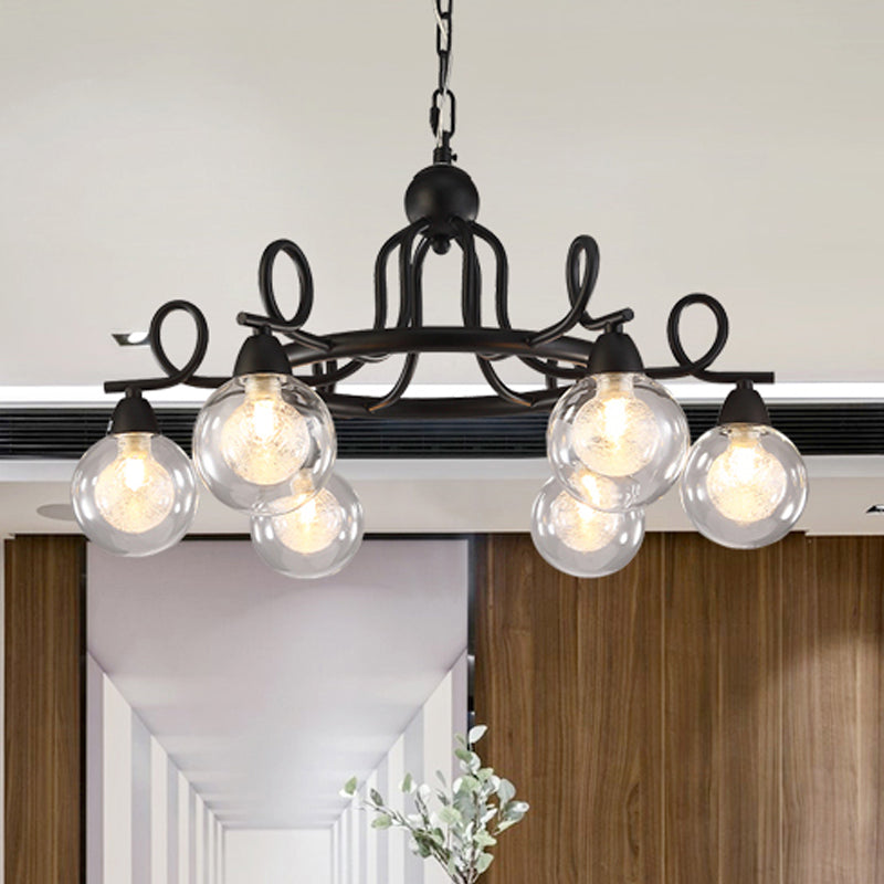Rustic Mini Ball Clear Glass Pendant Chandelier: 6/8-Light Black Fixture