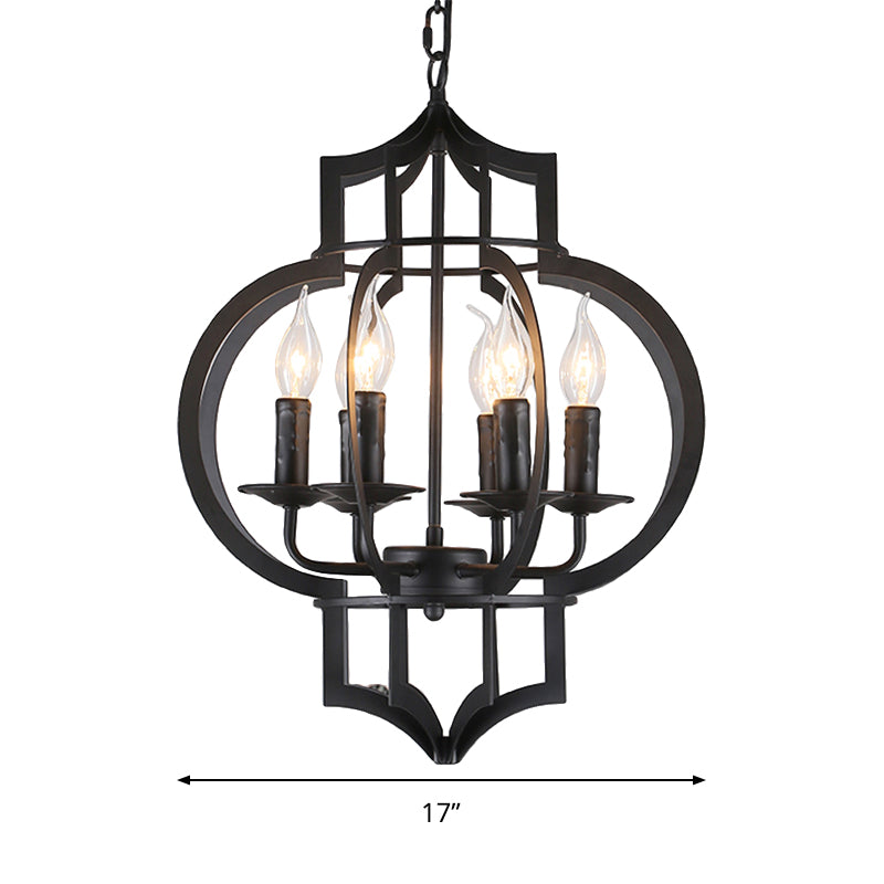 4/6 Bulbs Vintage Style Lantern Cage Chandelier Light In Black - Wrought Iron Medium Hanging Lamp