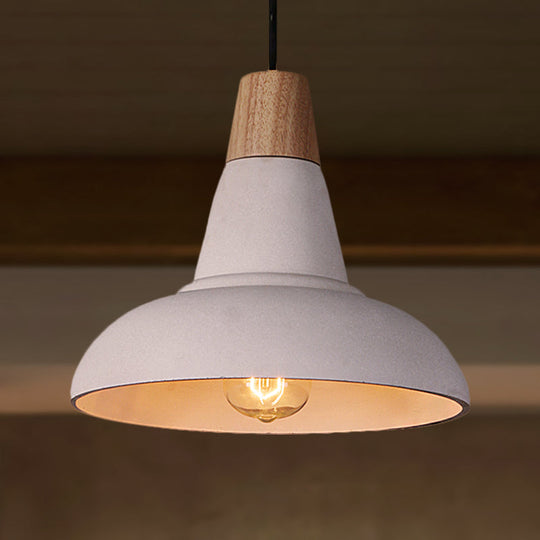 Industrial Style Cement And Wood Pendant Light With Grey/White Bowl Shade