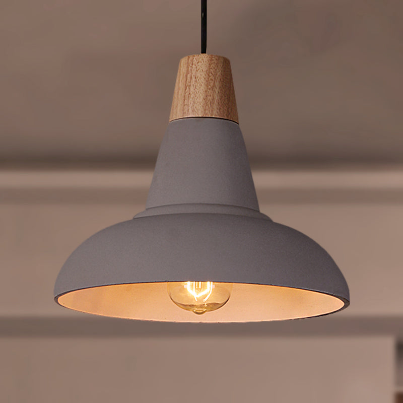 Industrial Style Cement And Wood Pendant Light With Grey/White Bowl Shade