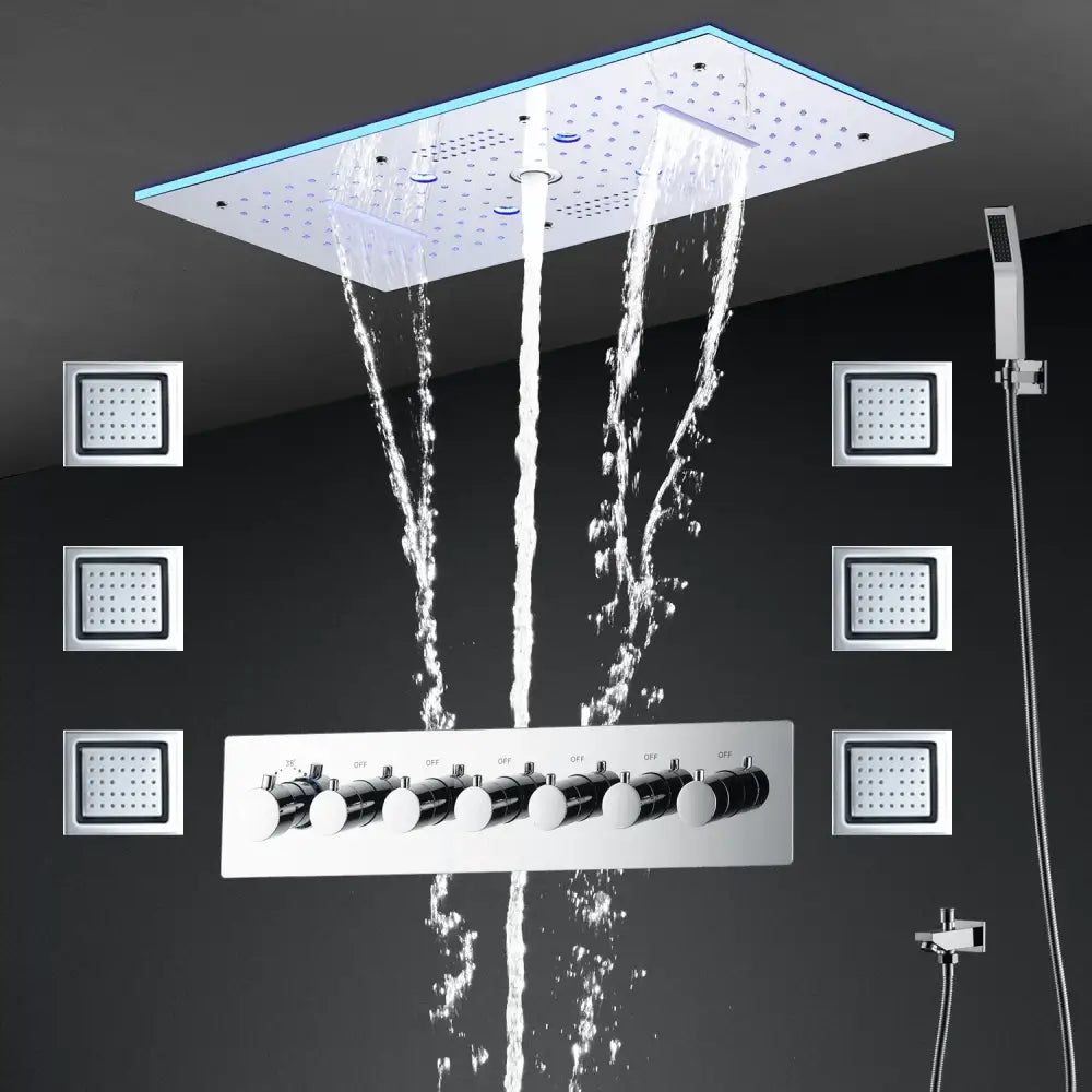 24x12 Inch 600x300mm Bluetooth Music LED Shower Head Panel Faucet Rain Mist Waterfall Column Thermostatic Mixer Valve
