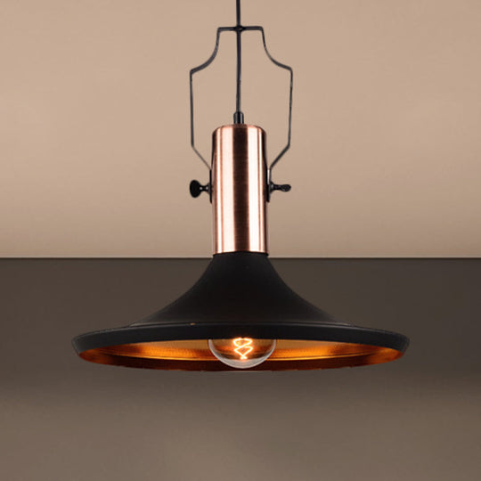 Black Metallic Pendant Light With Cone/Urn/Flared Shade - Adjustable Cord / Wide Flare