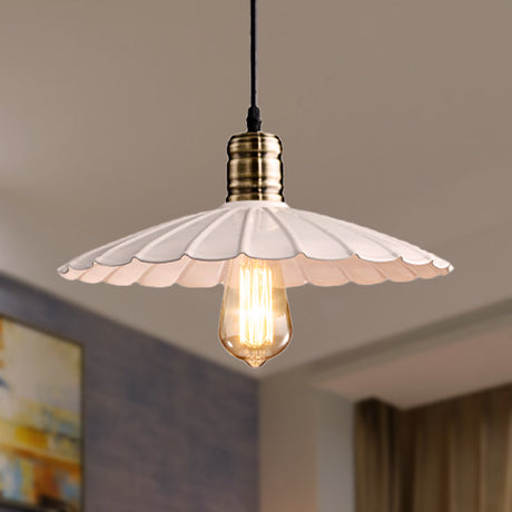 Vintage Scalloped Iron Pendant Light Fixture - 1-Light Adjustable Cord Black/White 10/12 Wide