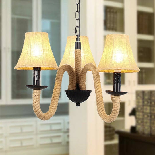 Vintage Style Beige Fabric Shade Chandelier Light Fixture With Rope Detail - Bell/Cone Hanging Lamp
