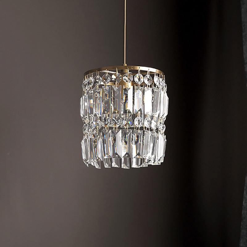 Modern Crystal Drum Chandelier with 2 Tiers Gold Hanging Light for Bedroom Gold