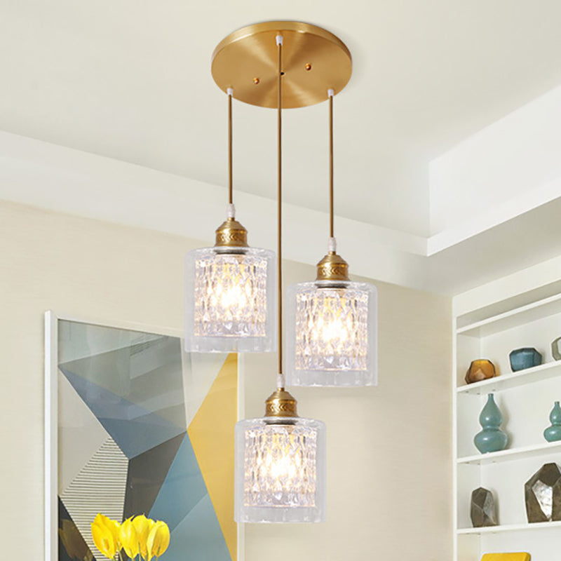 Modern Brass Cylinder Pendant Light With Prismatic Glass Shade - 3 Lights Linear/Round Canopy /