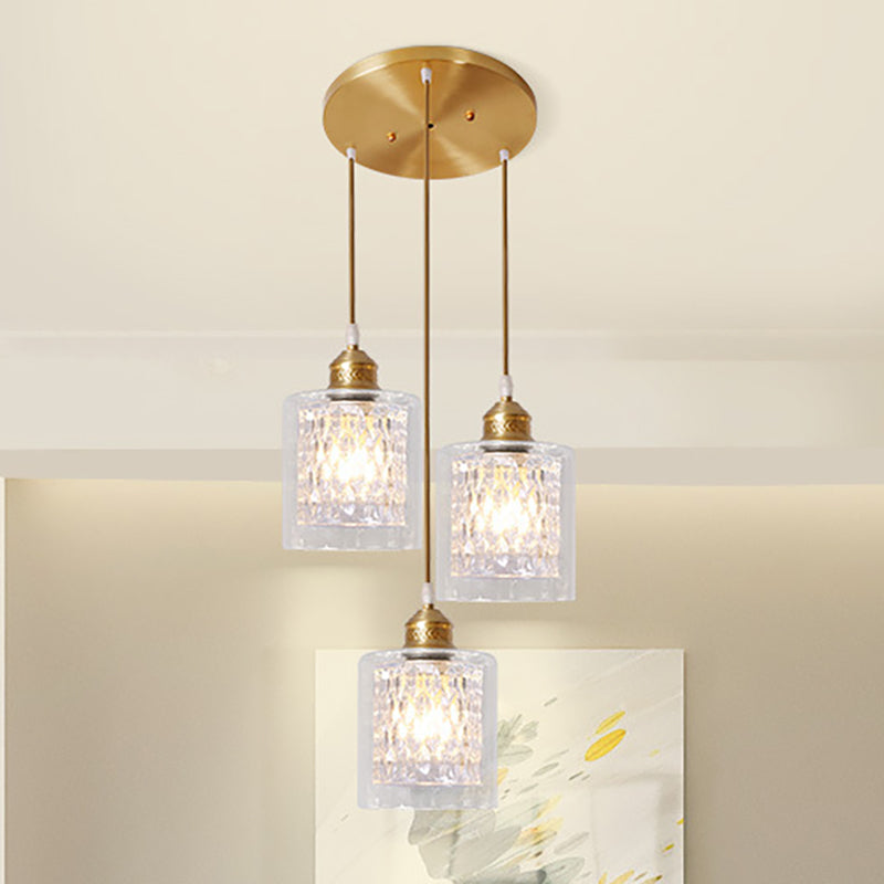 Modern Brass Cylinder Pendant Light With Prismatic Glass Shade - 3 Lights Linear/Round Canopy