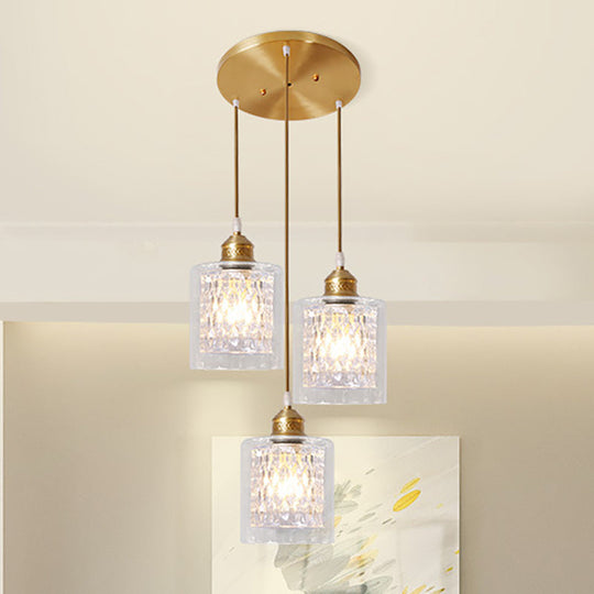 Modern Brass Cylinder Pendant Light With Prismatic Glass Shade - 3 Lights Linear/Round Canopy
