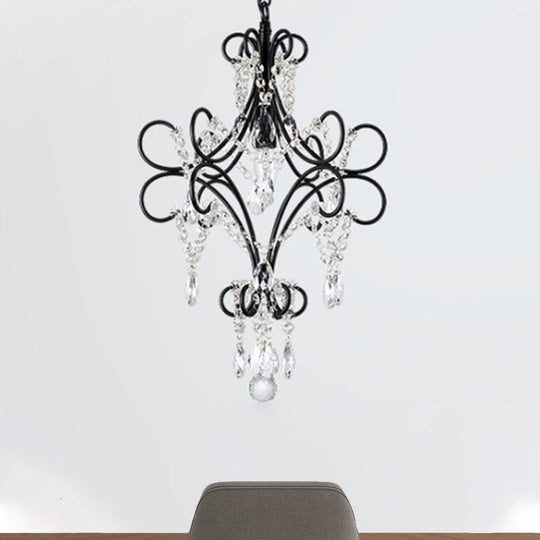 Antique Iron Pendant Light With Black Curve Arm And Crystal Accent - 1 Ceiling Fixture