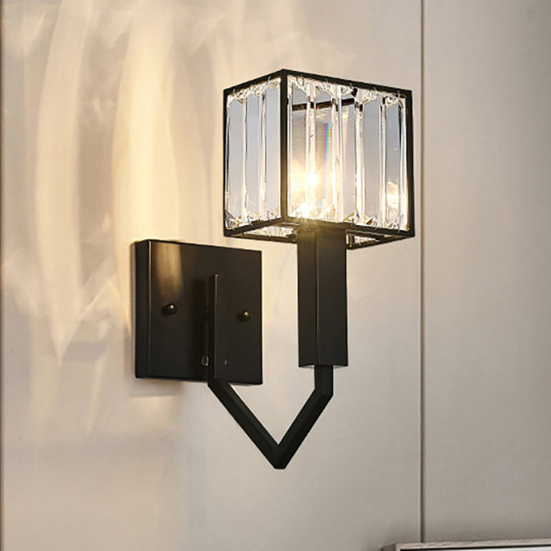 Modernist Style Black Wall Lamp With Clear Crystal And Metal Sconce Fixture