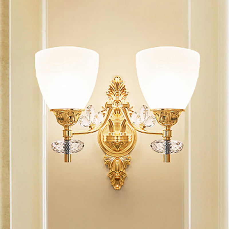 Modernist Glass Cone Wall Mount Light With Crystal Accent - Gold Finish
