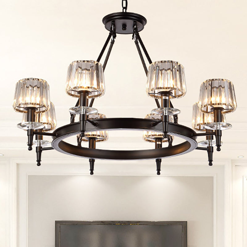 Vintage Black Barrel Hanging Light: Metal Chandelier With Prismatic Glass Shades - 3/6/8 Lights