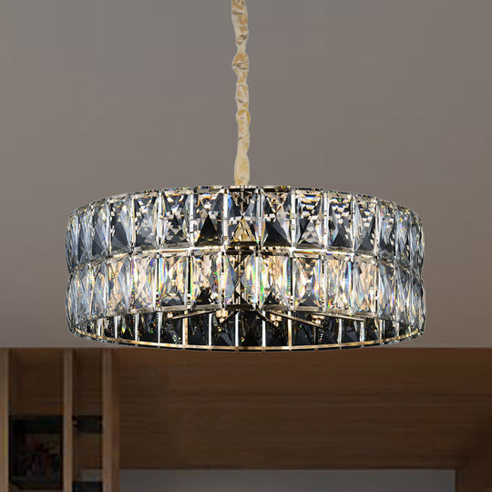 Gold Postmodern Drum Chandelier Light - Faceted Crystal 8 Lights Ceiling Hanging Fixture