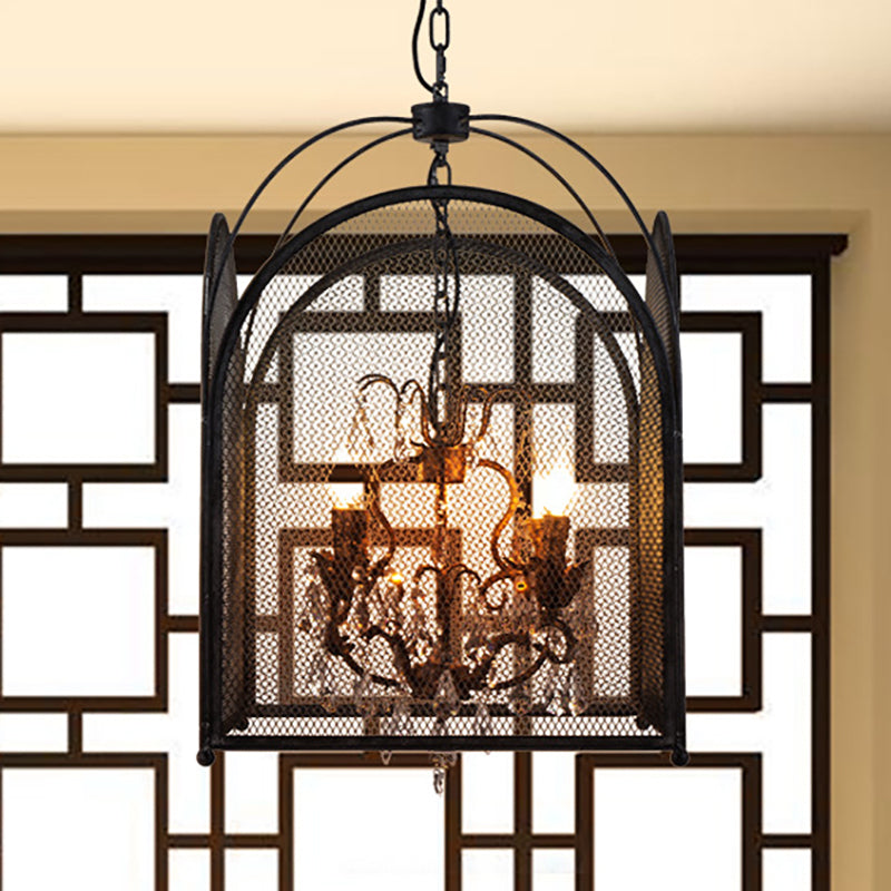 Modern Black Mesh Cage Chandelier Lamp With Crystal Accents - 4 Heads Hanging Light Kit For Living
