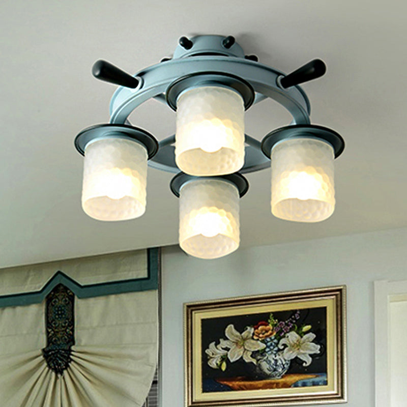 Blue Glass Cylinder Ceiling Lamp - Nautical Style Flush Mount Light For Hallway (4 Lights) / 19’