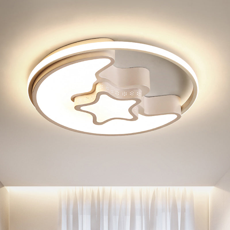 Modern Metal Star And Moon Flush Mount Ceiling Light – White Etched Finish For Foyer /