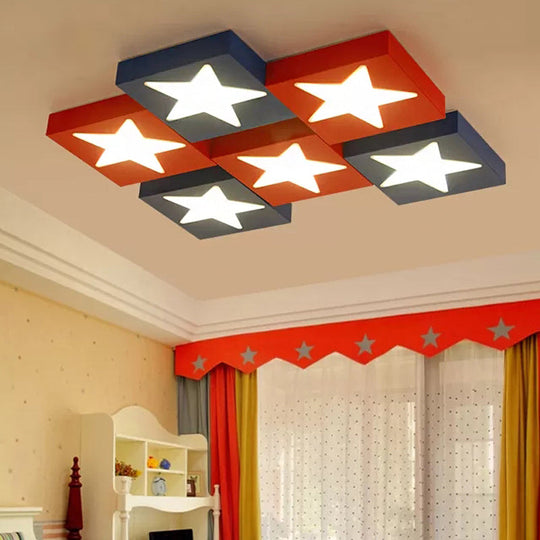 Square Metal Flush Ceiling Light With Star Design - Modern Lighting For Kids Bedroom Red / Warm