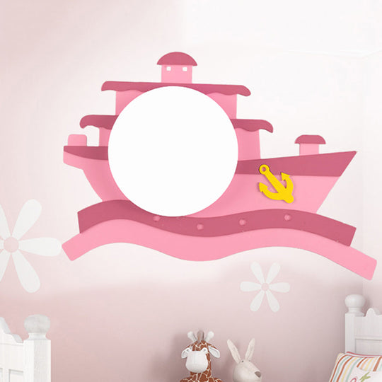 Kindergarten Nautical Ceiling Lamp - Wood Steamship Flush Mount Light Pink