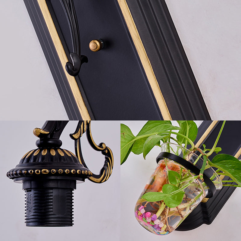 Tiffany Beige/Blue Glass Conical Sconce Lamp - 1 Head Black Wall Mount Light With Plant Design