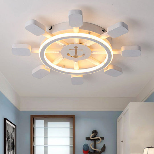 Nautical White Flush Ceiling Lamp For Childs Bedroom: Rudder Anchor Design