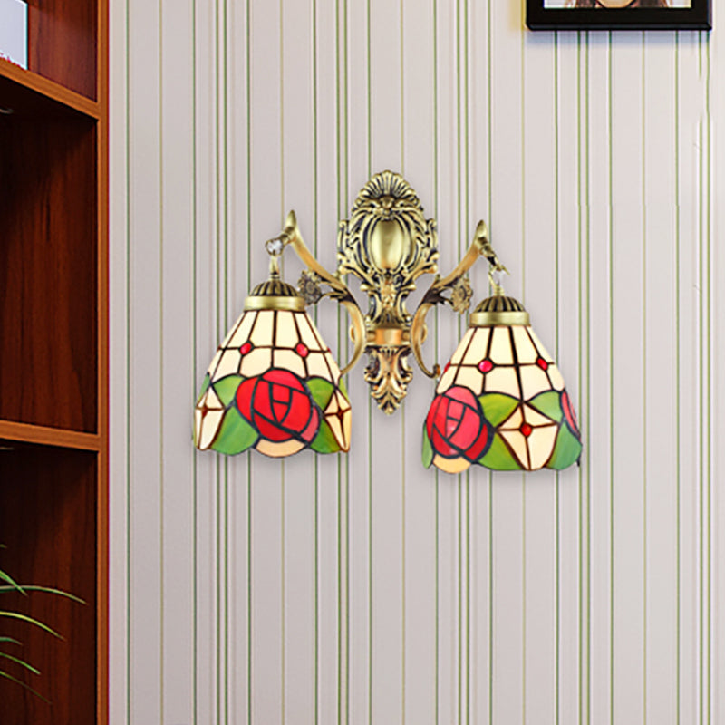 Rustic Tiffany Stained Glass Sconce Lighting - Indoor Wall Light With Aged Brass Finish Bronze /