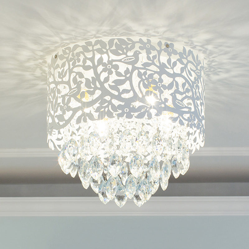 Crystal Leaf Metal Flush Mount Ceiling Light For Girls’ Bedroom In White