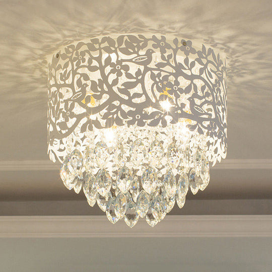Crystal Leaf Metal Flush Mount Ceiling Light For Girls’ Bedroom In White