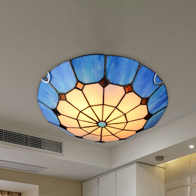 Tiffany Antique Art Glass Grid Bowl Ceiling Lamp In Blue/Orange/Yellow - 12’/16’ Width Bedroom Mount