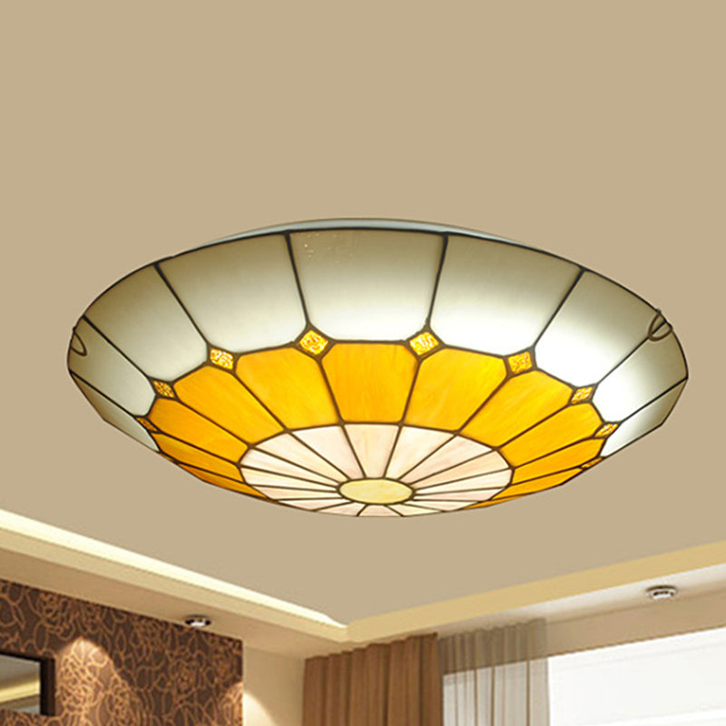 Tiffany Antique Art Glass Grid Bowl Ceiling Lamp In Blue/Orange/Yellow - 12’/16’ Width Bedroom