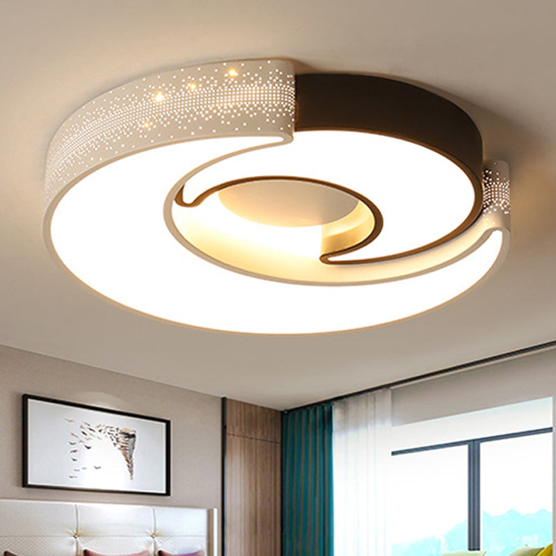 Contemporary 2 - Moon Led Flush Ceiling Light For Kid’s Bedroom - Metal Acrylic Black & White