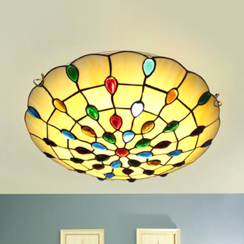 Rustic Loft Stained Glass Flush Mount Light In Beige/Yellow - 12’/16’/19.5’ Diameter Bedroom