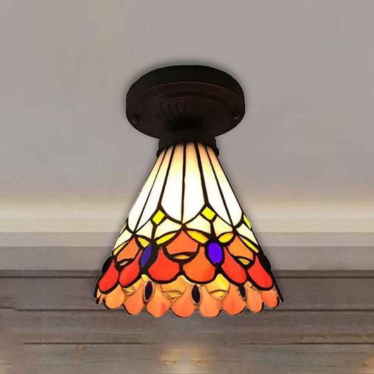 Tiffany Stained Glass Ceiling Mount Light For Cloth Shop 1-Head Flower/Bird/Phoenix Design In Black