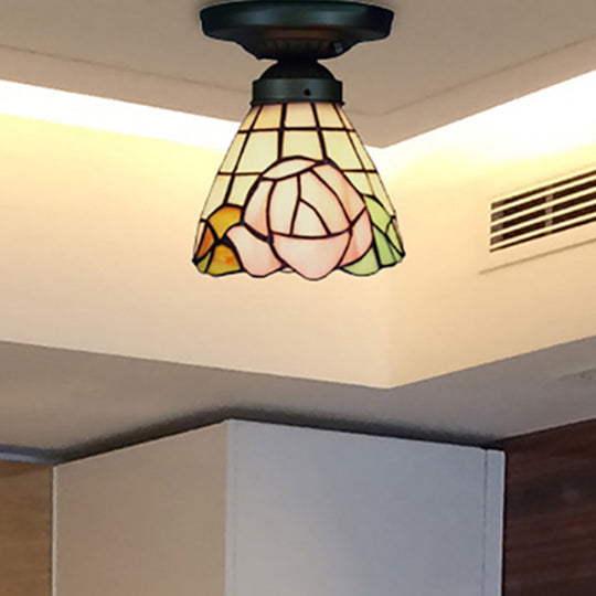 Tiffany Stained Glass Ceiling Mount Light For Cloth Shop 1-Head Flower/Bird/Phoenix Design In Black
