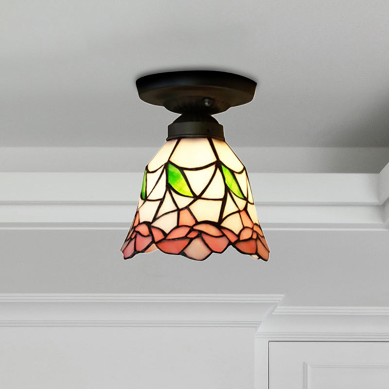 Tiffany Stained Glass Ceiling Mount Light For Cloth Shop 1-Head Flower/Bird/Phoenix Design In Black