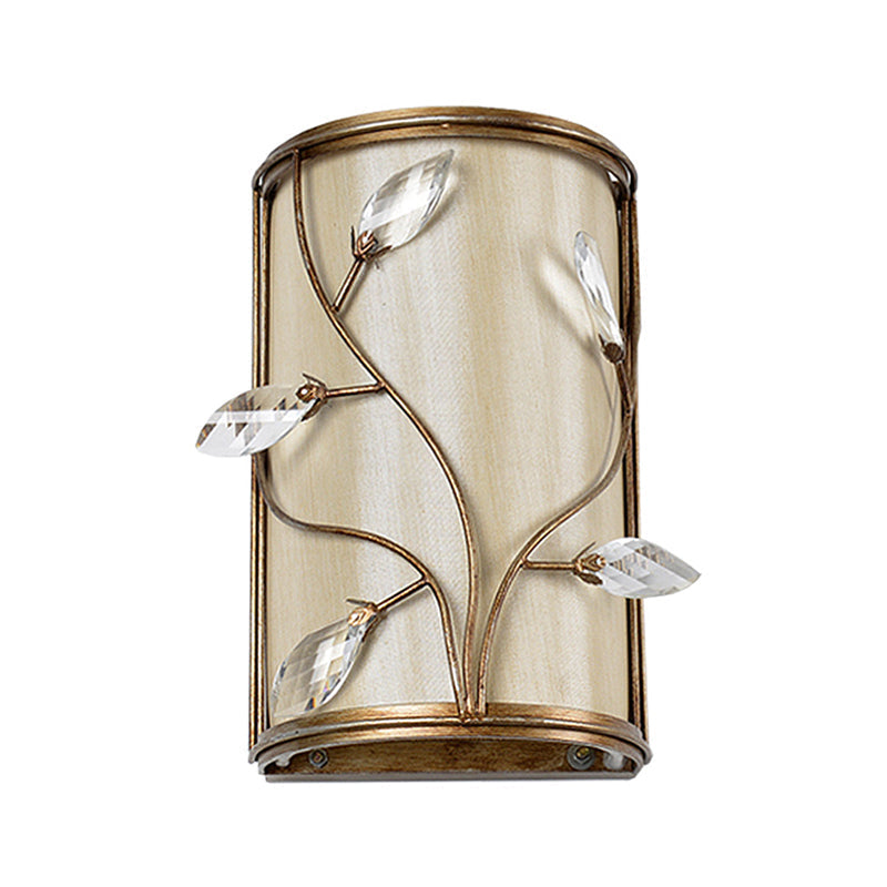 Vintage Metal Cylinder Wall Lamp Sconce With Crystal Leaf Deco In Brass Finish - 1/3-Light Lighting