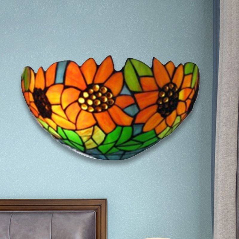 Rustic Tiffany Sunflower Wall Sconce With Stained Glass Bowl Shade