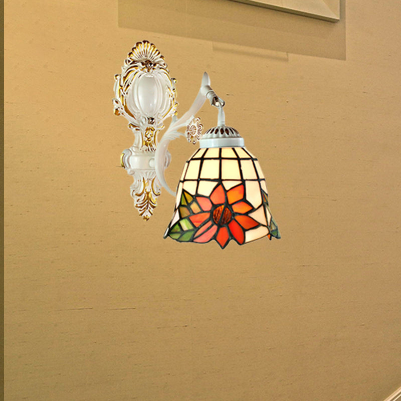 Tiffany Stained Glass Wall Sconce Lamp: Bell Shade 1-Light White / Sunflower