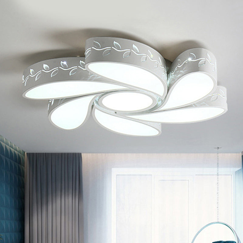 Modern White Metal Hollow Floral Flush Ceiling Light With Led For Bedroom / 19.5