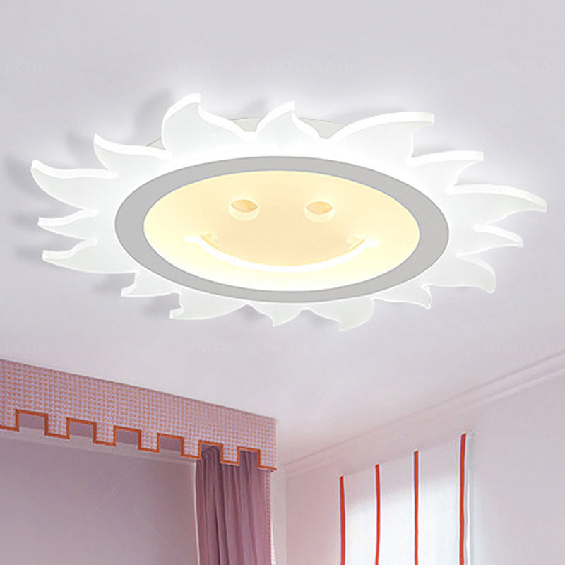 Child Bedroom Led Flush Ceiling Light: Lovely White Smiling Sun Acrylic Lamp