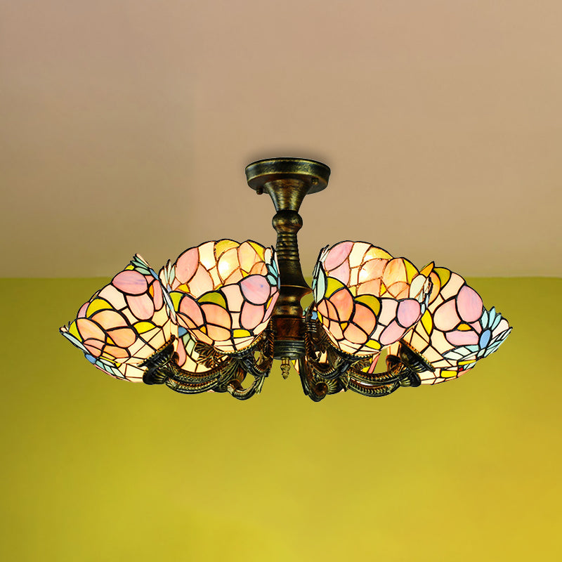 Rustic Stained Glass Chandelier With Multi-Light Suspension & Bronze Accents / Up Flower