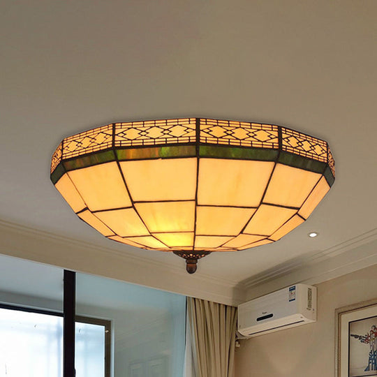 Bowl Flush Ceiling Light 8’/8.5’/10’ Stained Glass 3 Lights In Beige - Traditional Lighting