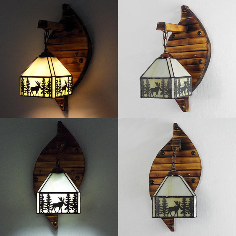 Tiffany Stained Glass Wall Sconce With Deer And Tree Design - Small House Fixture
