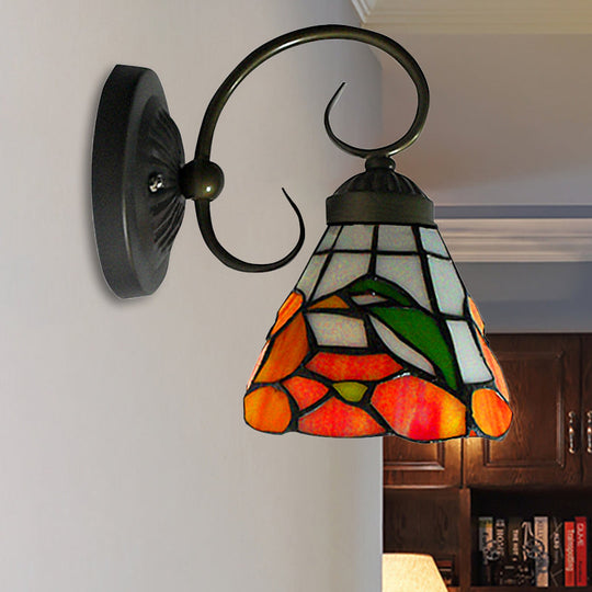 Victorian Peony Stained Glass Sconce Light With Arm - Black Wall Mount