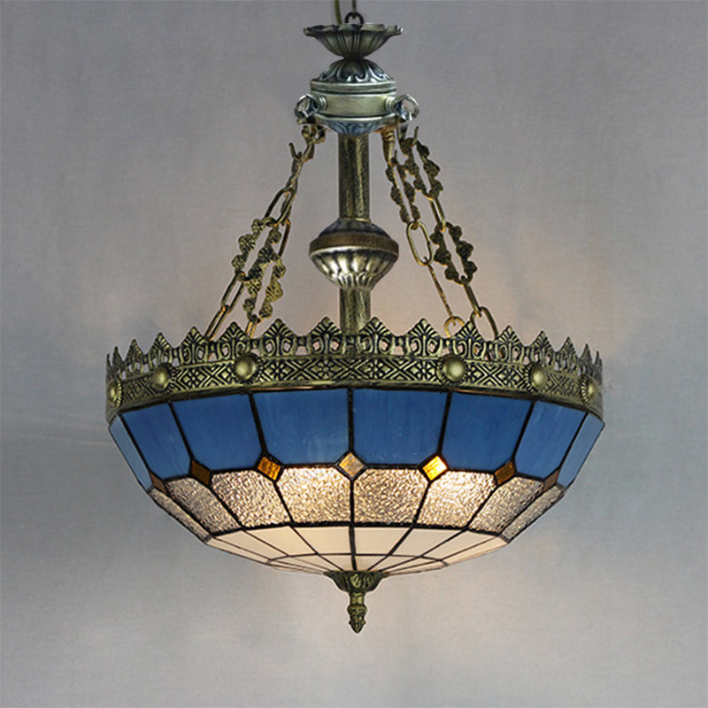 Adjustable Stained Glass Ceiling Pendant - Mediterranean Bowl Drop Light With Metal Chain