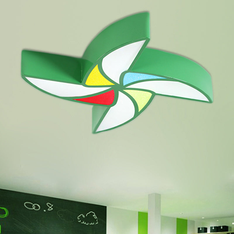 Modern Led Flush Mount Ceiling Light For Childs Bedroom - Toy Windmill Design Green