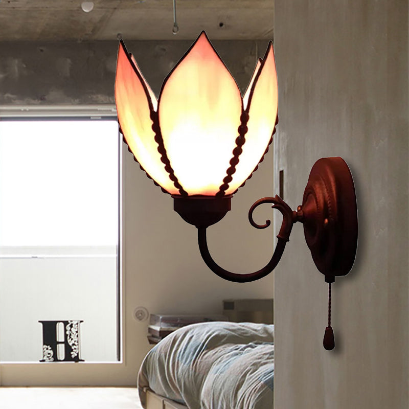 Petal Wall Lamp With Stained Glass And Curved Arm - Rustic Pull Chain Lighting